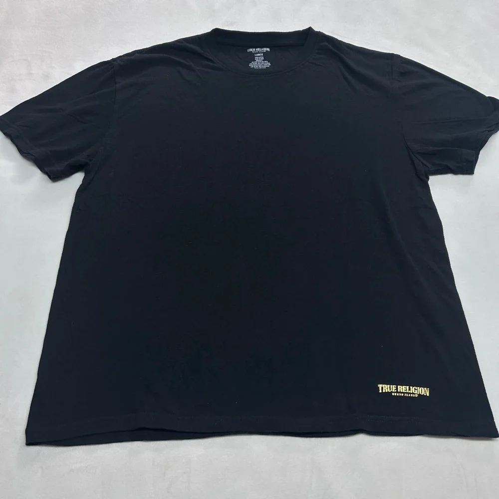 True Religion Mens Black Gold Foil Logo Short Sleeve Cotton T-Shirt Large